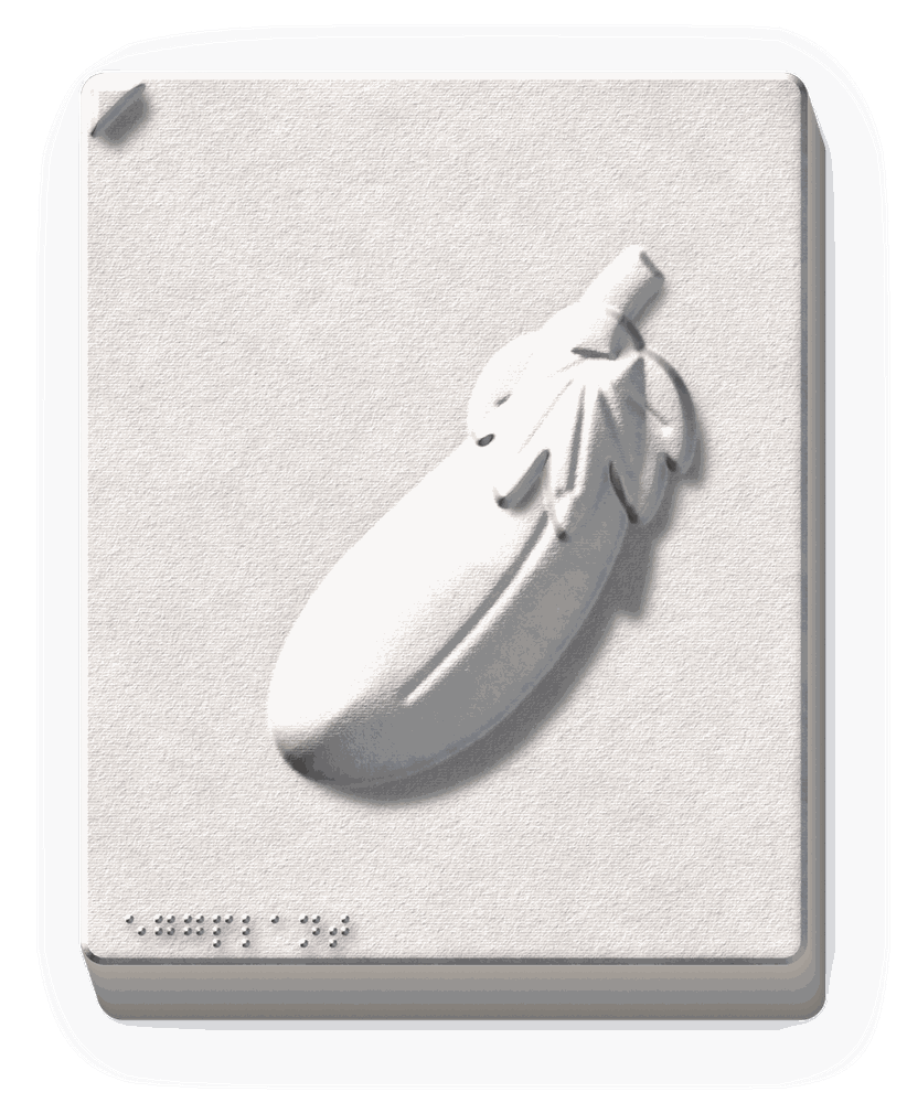 A 3D-printed relief plaque of an eggplant shape: a deep, sculptural raised form on a flat rectangular base, with a braille label along the bottom edge.
