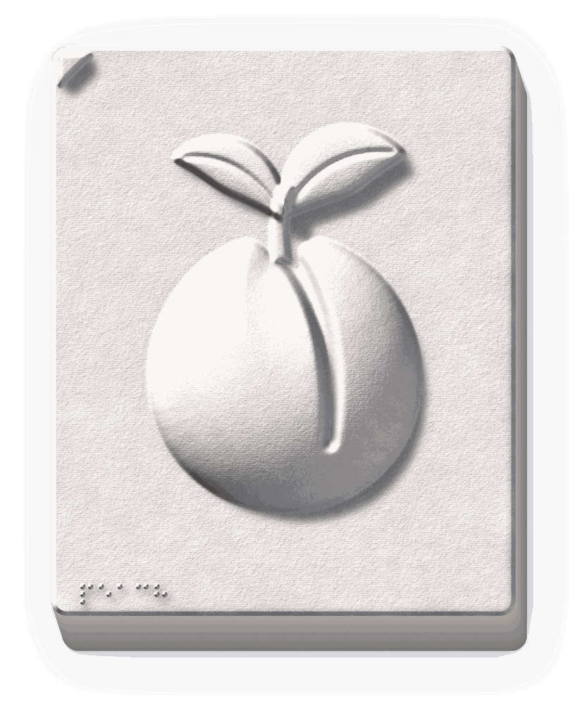 A 3D-printed relief plaque of a peach shape, a deep sculptural raised form on a flat base with a braille label.