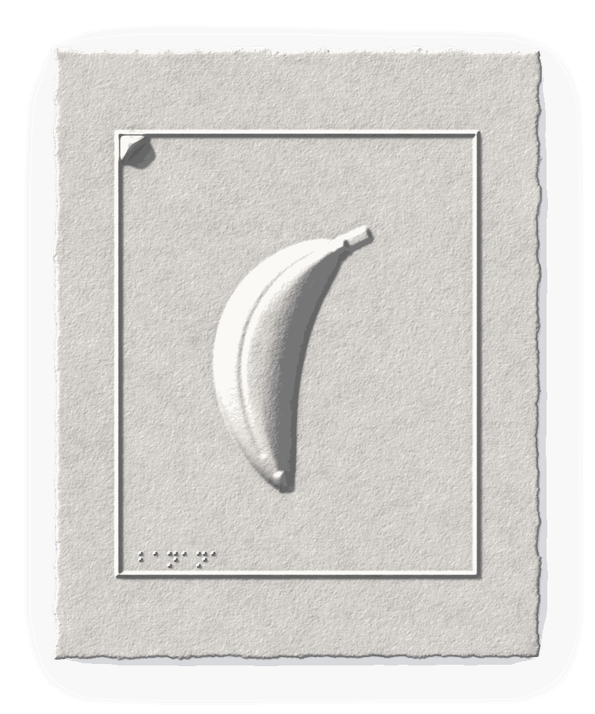 A curved banana with a ridge along its length, blind-embossed in white cotton paper.