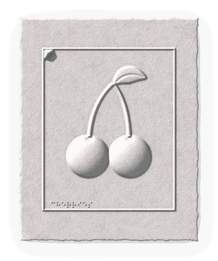 A pair of cherries on long curved stems with a small leaf, blind-embossed in white cotton paper.