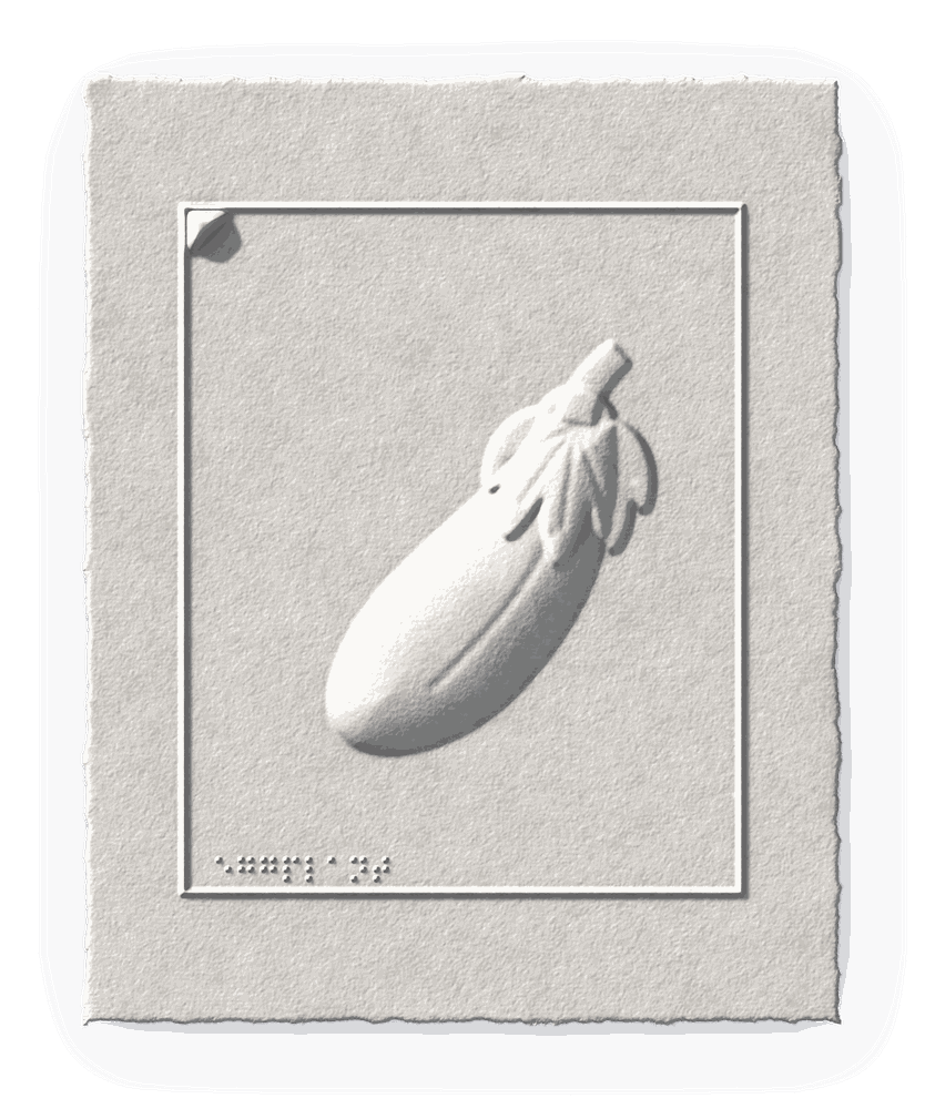 An eggplant shape blind-embossed into white cotton paper: a tall raised form with a calyx of pointed sepals and a short stem, with no ink, only light and shadow.