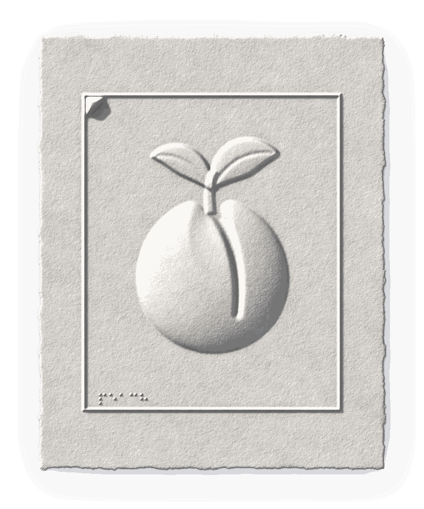 Peach with a deep central cleft and two leaves, blind-embossed in white cotton paper.