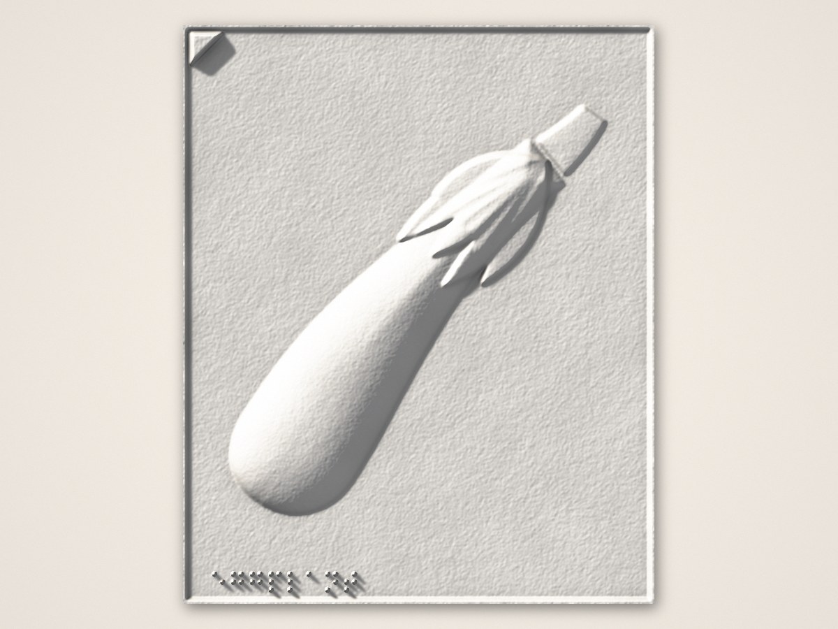 The same plate as the height map, shown as the finished white cotton print: a tall raised eggplant with the corner triangle and braille dots, lit from the upper left.