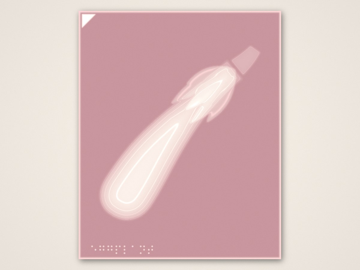 A height map of the eggplant relief in graded tones from dusty rose to pale cream. Lighter areas are the highest parts of the relief, and a corner triangle and braille dots are visible.